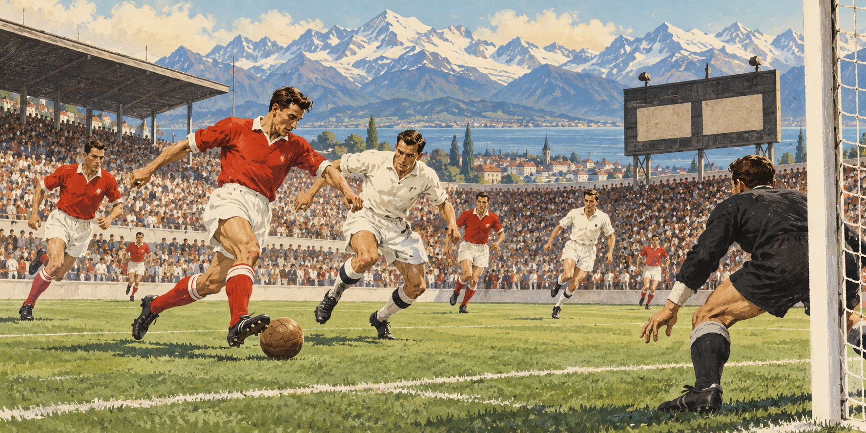 رسم تحريري تخيلي لمباراة النمسا وسويسرا في كأس العالم 1954، وليس صورة أرشيفية.