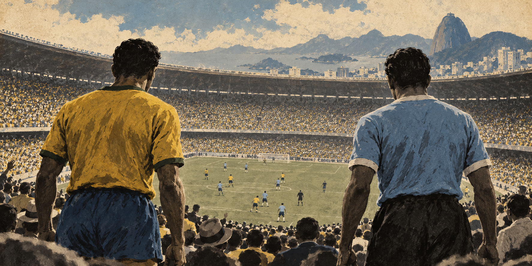 رسم تحريري تخيلي لمواجهة البرازيل وأوروغواي في ماراكانا عام 1950، وليس صورة أرشيفية.