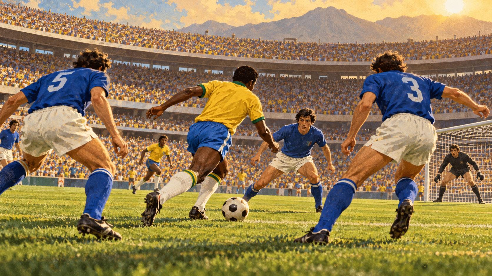 رسم تحريري تخيلي لأجواء نهائي كأس العالم 1970 بين البرازيل وإيطاليا، وليس صورة أرشيفية.