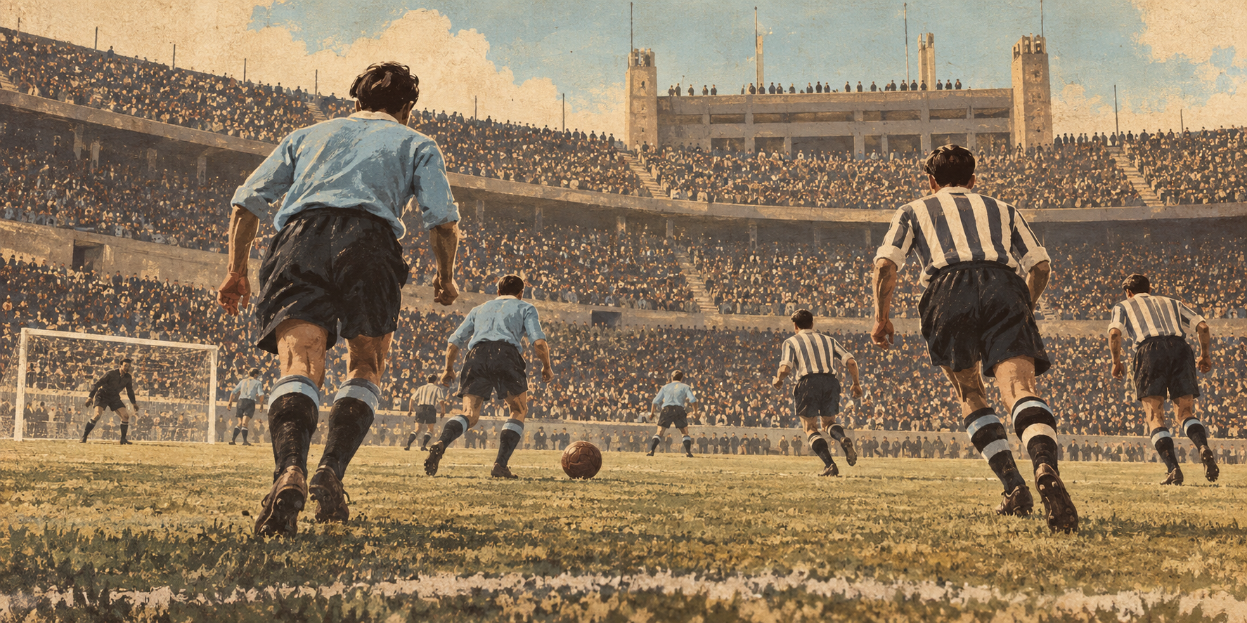 رسم تحريري تخيلي لأول نهائي لكأس العالم بين أوروغواي والأرجنتين عام 1930، وليس صورة أرشيفية.