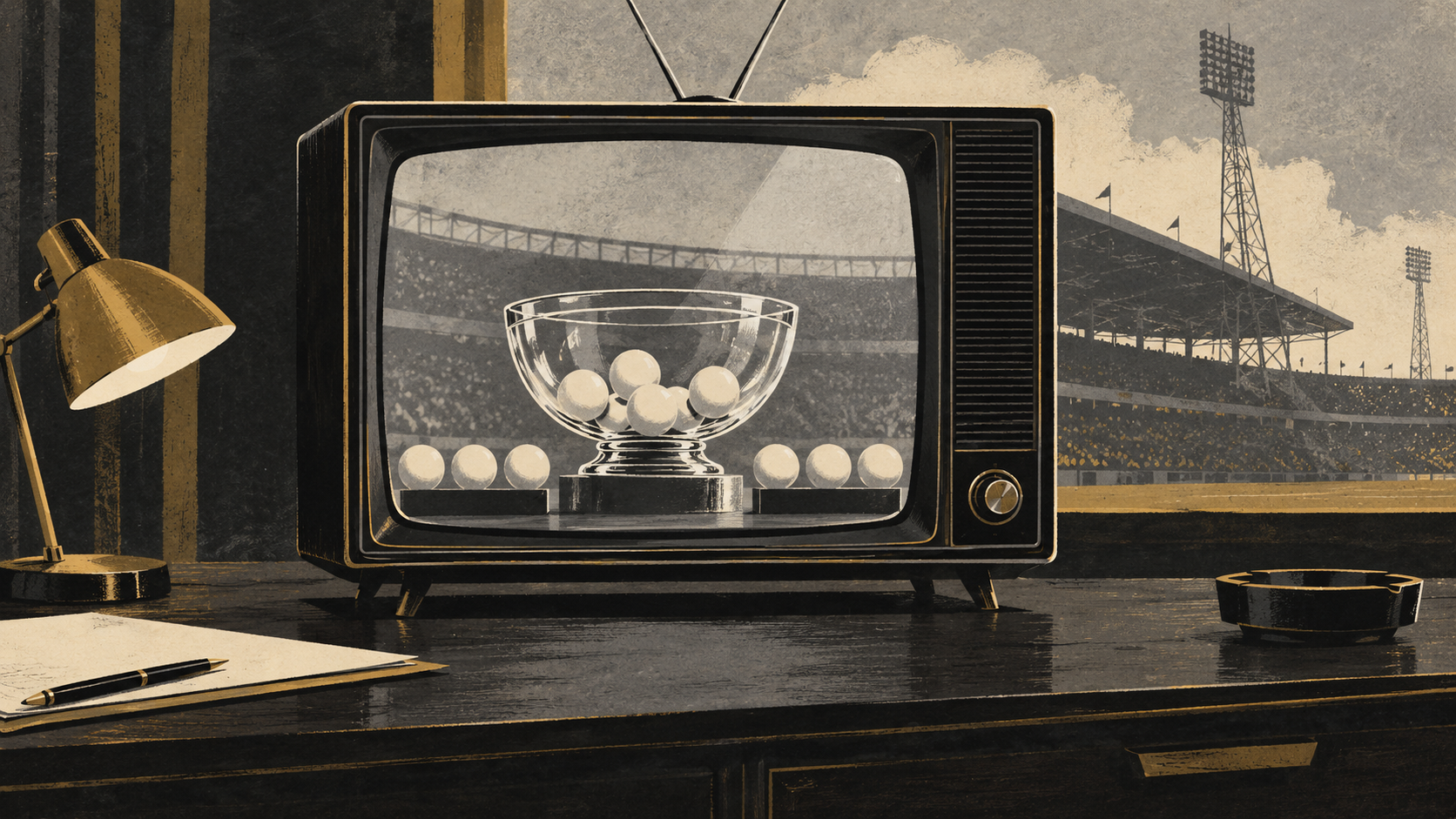 صورة توضيحية عن انتقال قرعة كأس العالم إلى البث التلفزيوني المباشر عام 1966 (رسم تحريري).
